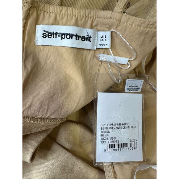 NWT SELF PORTRAIT BEIGE DIAMANTE DENIM MINI DRESS $495 - Picture 11 of 12